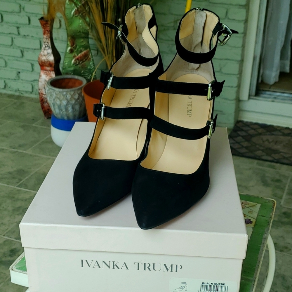 Ivanka Trump Kamon Black Suede Buckle Heels